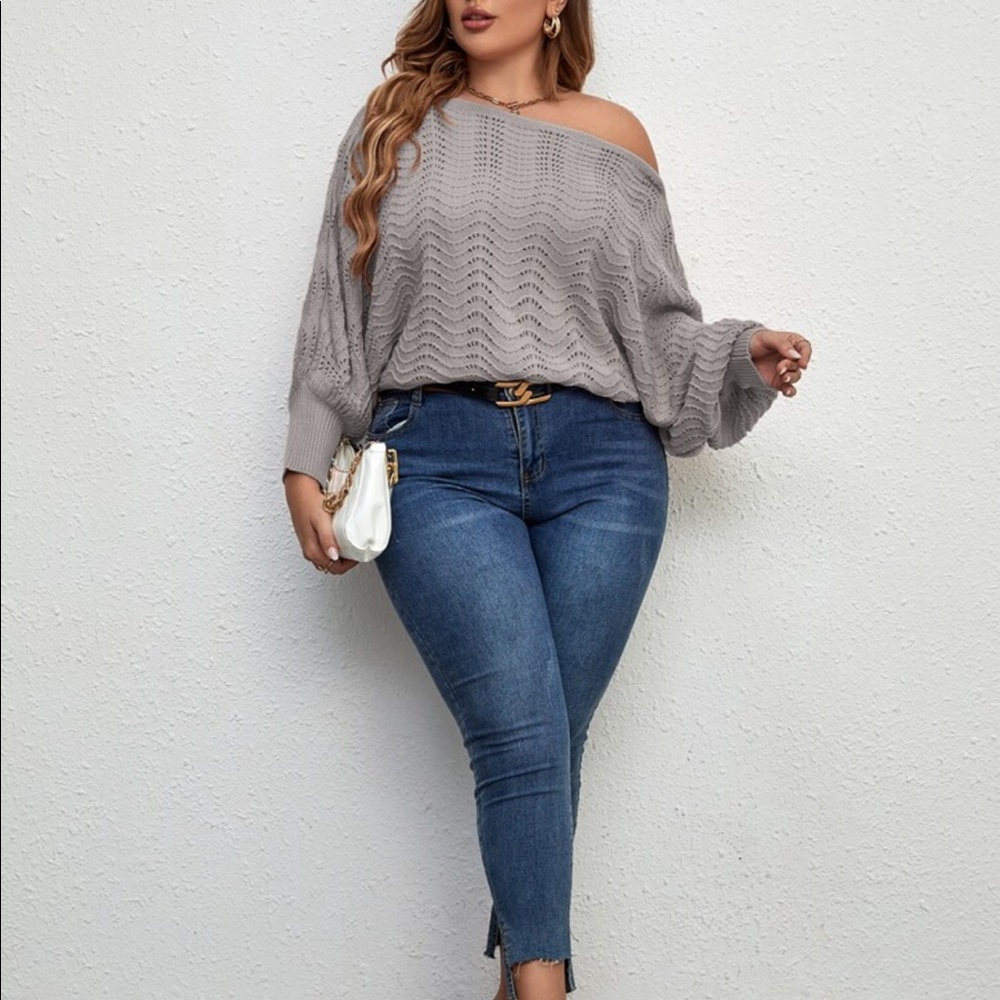 Plus Off Shoulder Asymmetrical Neck Batwing Cuff Sleeve Sweater Top - Picture 9 of 13